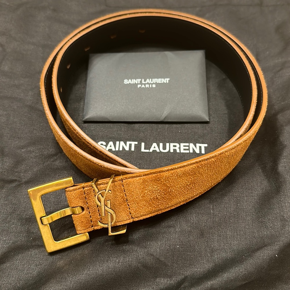 SAINT LAURENT Monogramme suede belt in brown, size 80